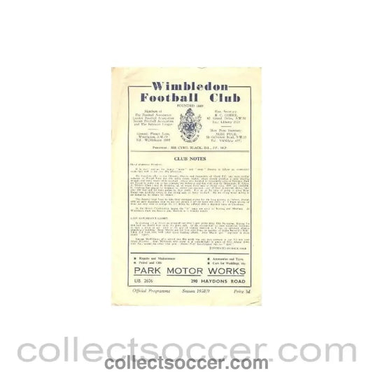 1959 - Wimbledon v Ilford official programme 14/02/1959 - Collect Soccer