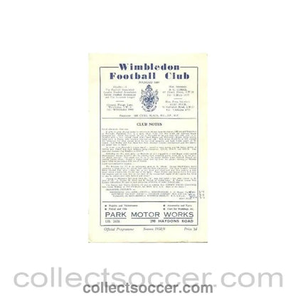 1959 - Wimbledon v Wycombe Wanderers official programme 25/04/1959 - Collect Soccer