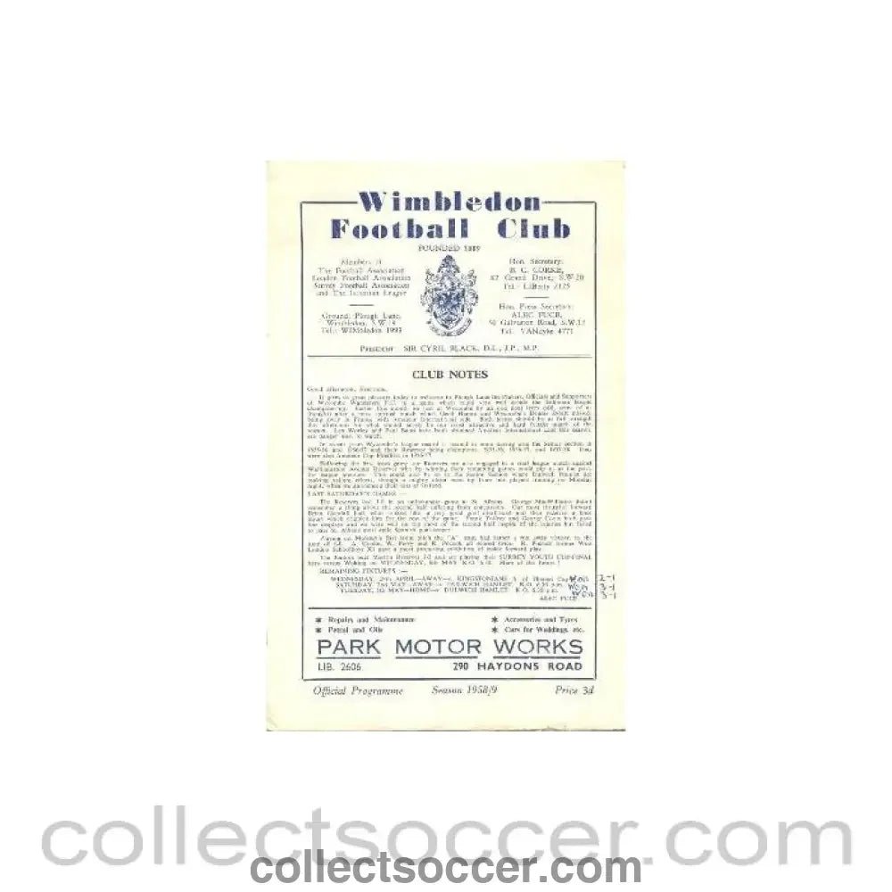 1959 - Wimbledon v Wycombe Wanderers official programme 25/04/1959 - Collect Soccer