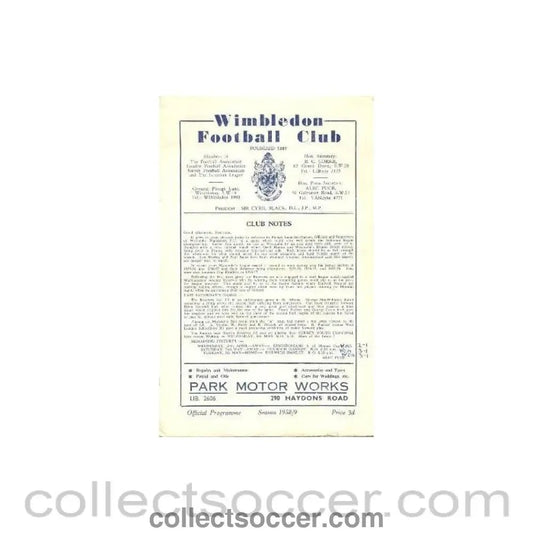 1959 - Wimbledon v Wycombe Wanderers official programme 25/04/1959 - Collect Soccer
