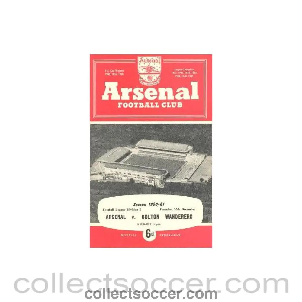 1960 - Arsenal v Bolton Wanderers official programme 10/12/1960 - Collect Soccer