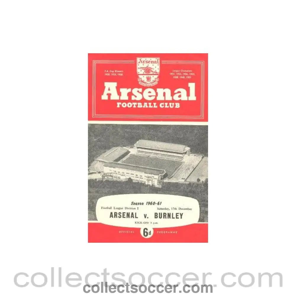 1960 - Arsenal v Burnley official programme 17/12/1960 - Collect Soccer