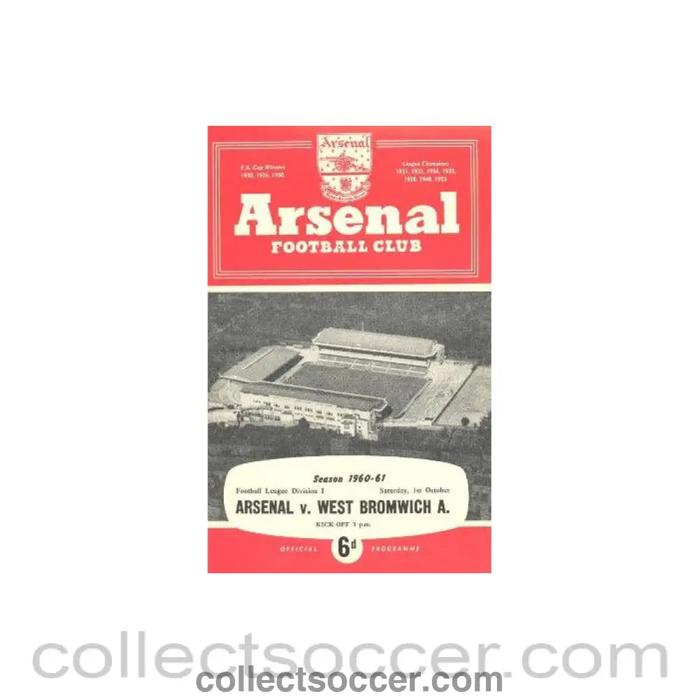 1960 - Arsenal v West Bromwich Albion official programme 01/10/1960