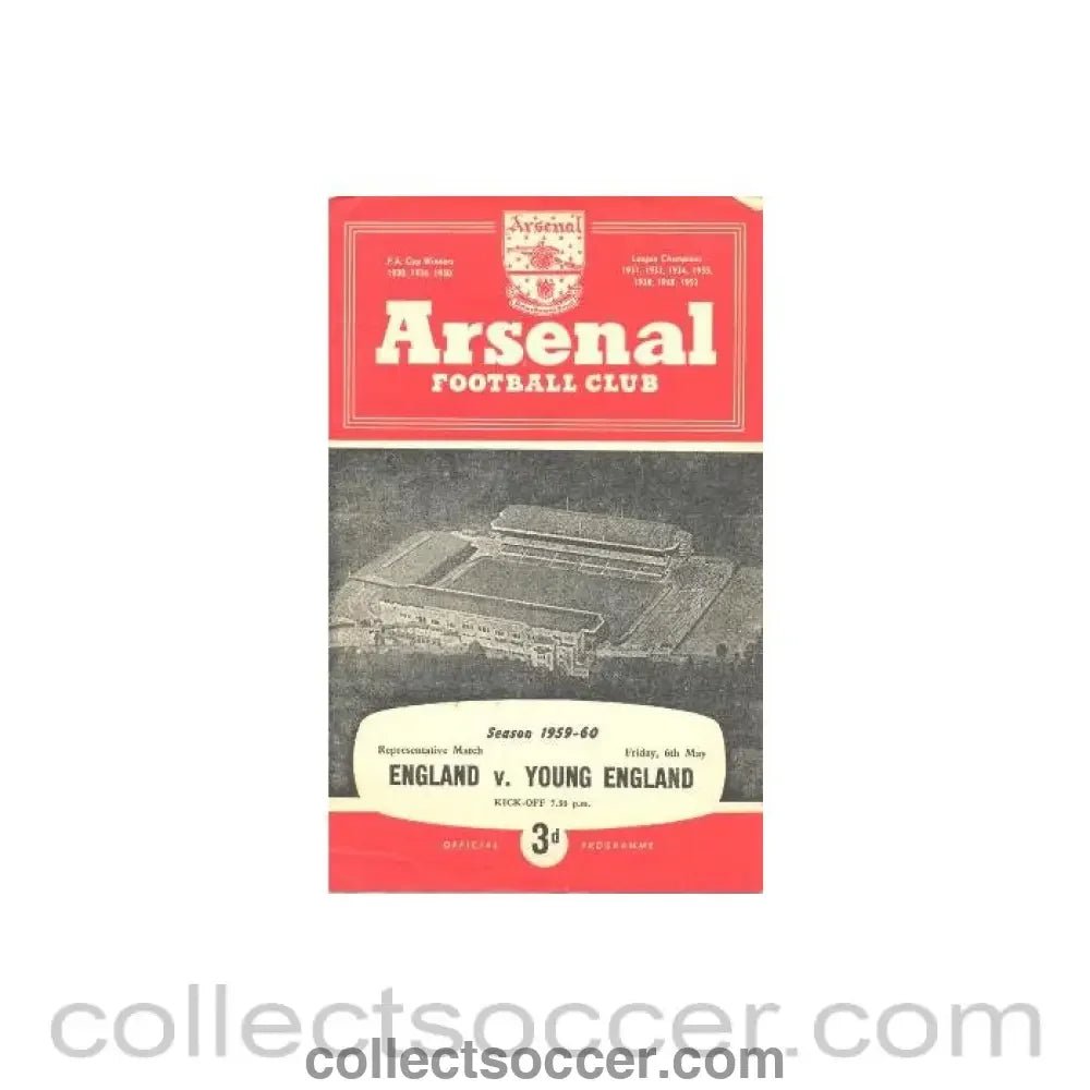 1960 - At Arsenal - England v Young England official programme 06/05/1960 Representative Match - Collect Soccer