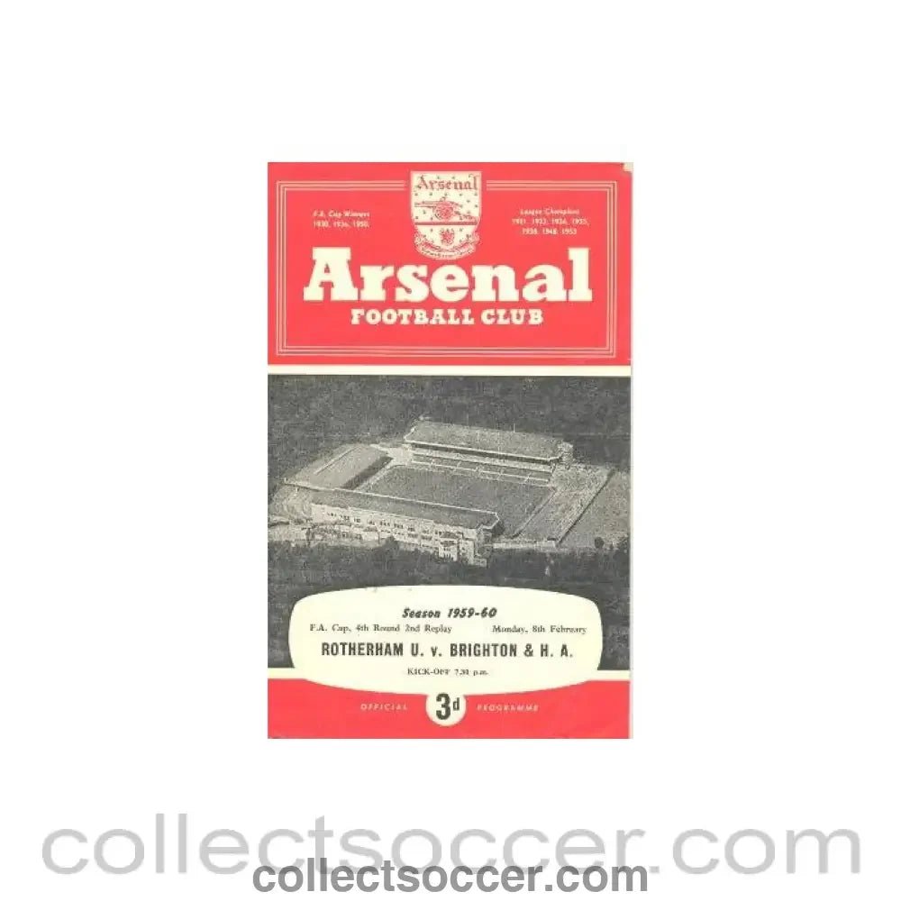 1960 - At Arsenal - Rotherham United v Brighton & Hove Albion official programme 08/02/1960 F.A. Cup - Collect Soccer