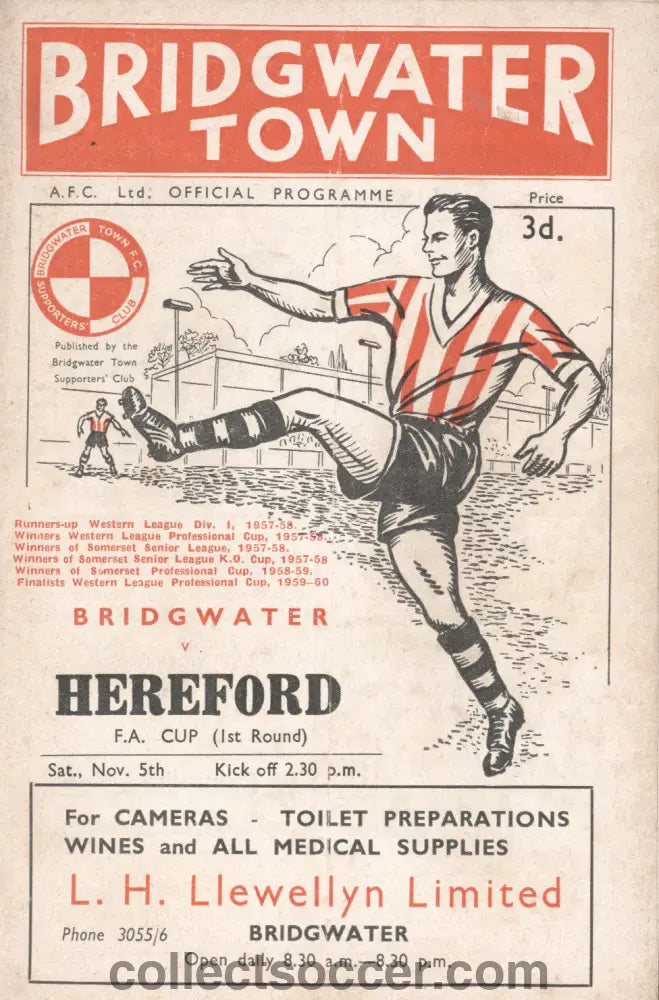 1960 Bridgwater Town v Hereford FA Cup 1st Round Official Programme
