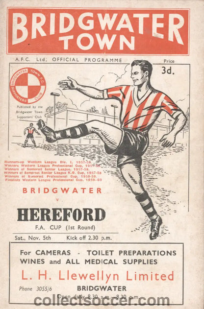 1960 Bridgwater Town v Hereford FA Cup 1st Round Official Programme