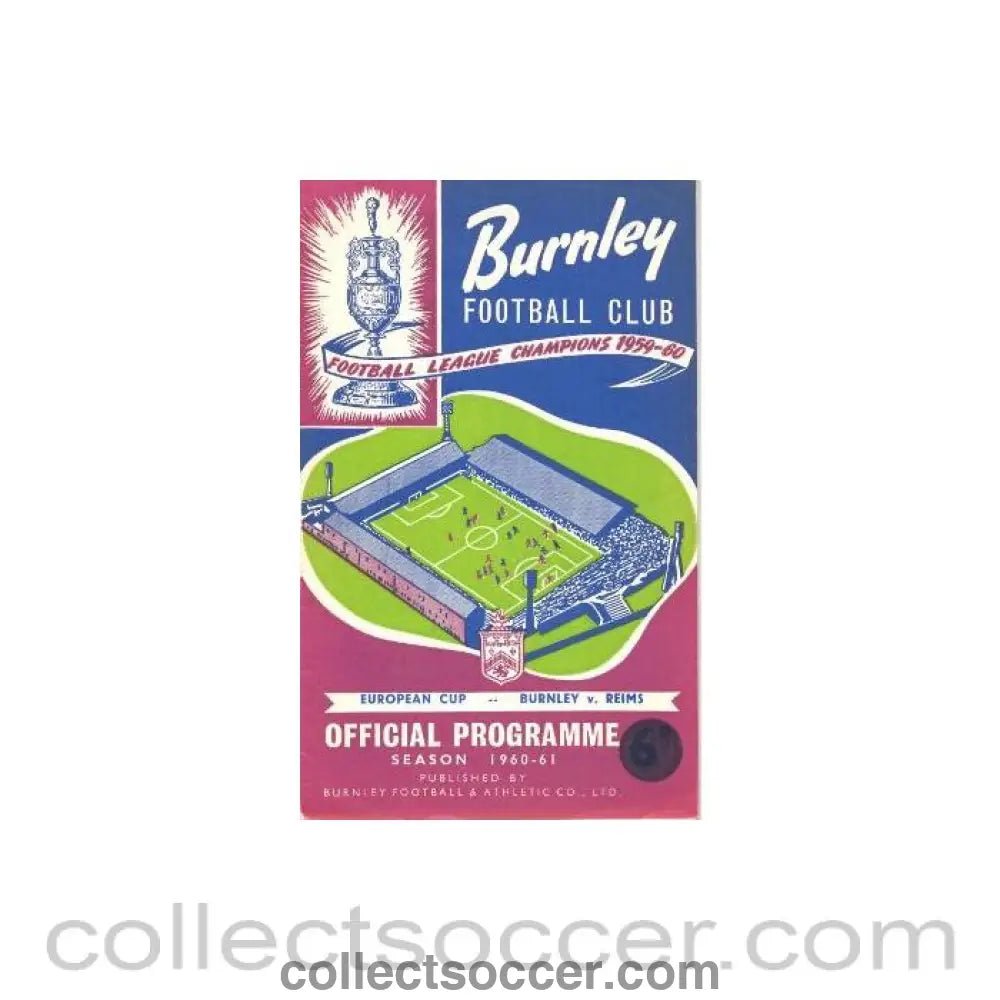 1960 - Burnley v Reims, France official programme 16/11/1960 European Cup - Collect Soccer