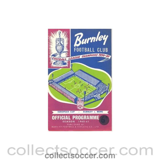 1960 - Burnley v Reims France official programme 16/11/1960 European Cup