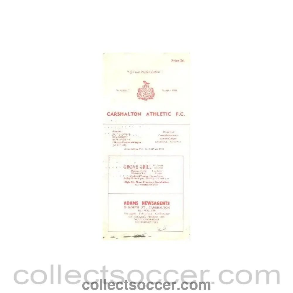 1960 - Carshalton v Wimbledon official programme probably early1960's - Collect Soccer