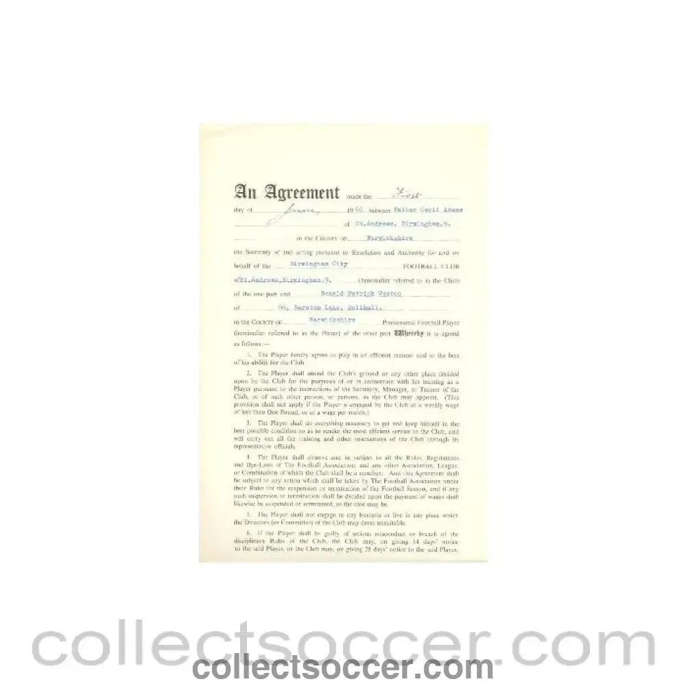1960 - Contract For Hire of a Player between Birmingham City F.C. and Donald Patrick Weston of 01/06/1960