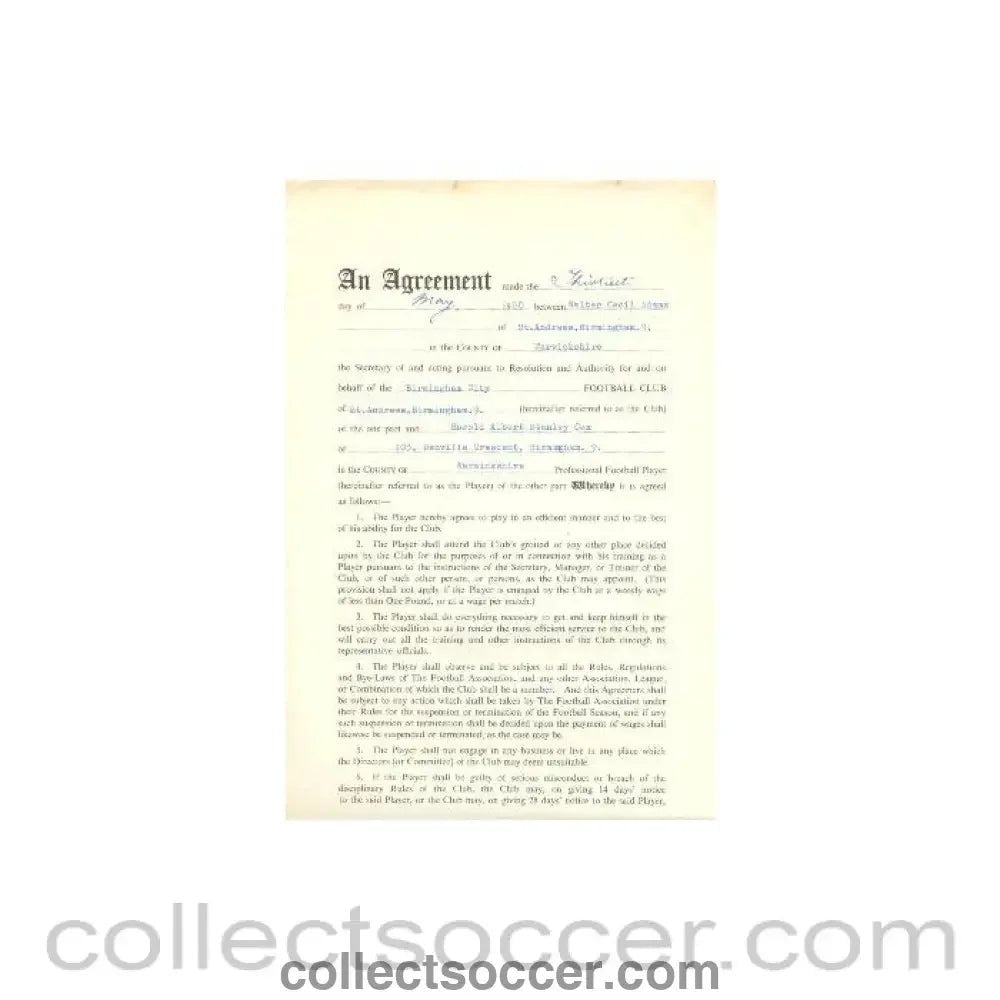 1960 - Contract For Hire of a Player between Birmingham City F.C. and Harold Albert Stanley Cox of 13/05/1960 - Collect Soccer