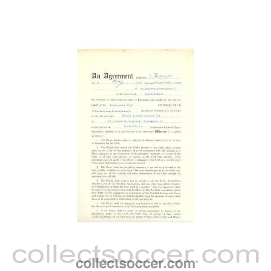 1960 - Contract For Hire of a Player between Birmingham City F.C. and Harold Albert Stanley Cox of 13/05/1960