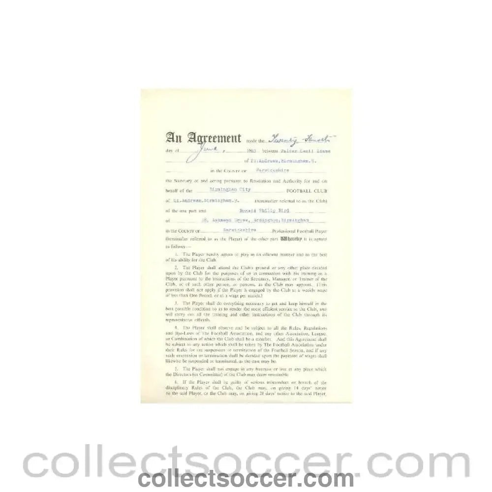 1960 - Contract For Hire of a Player between Birmingham City F.C. and Ronald Philip Bird of 24/06/1960 - Collect Soccer
