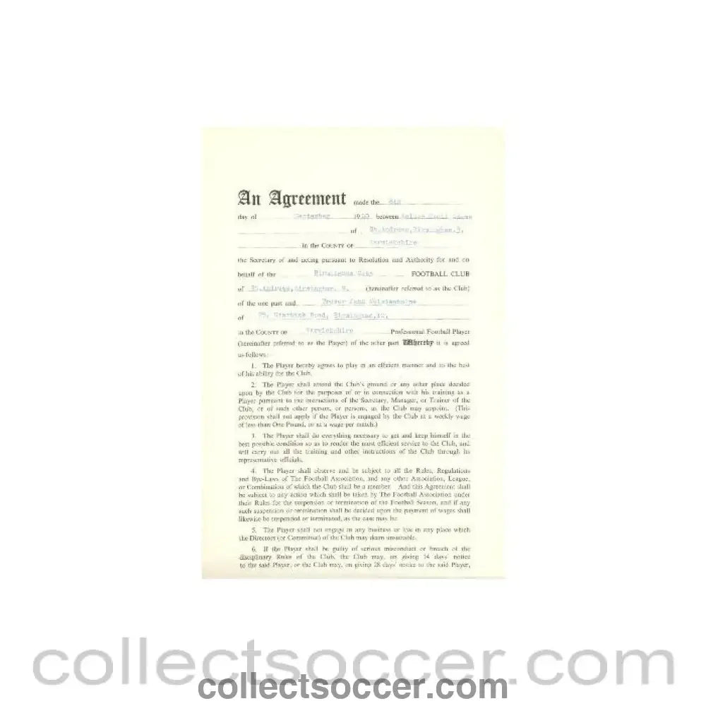 1960 - Contract For Hire of a Player between Birmingham City F.C. and Trevor John Wolstenholm of 08/09/1960
