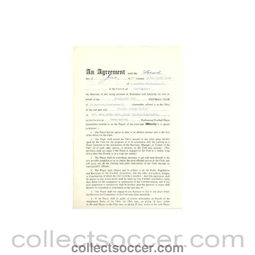 1960 - Contract For Hire of a Player between Birmingham City F.C. and Winston Arthur Foster of 02/06/1960