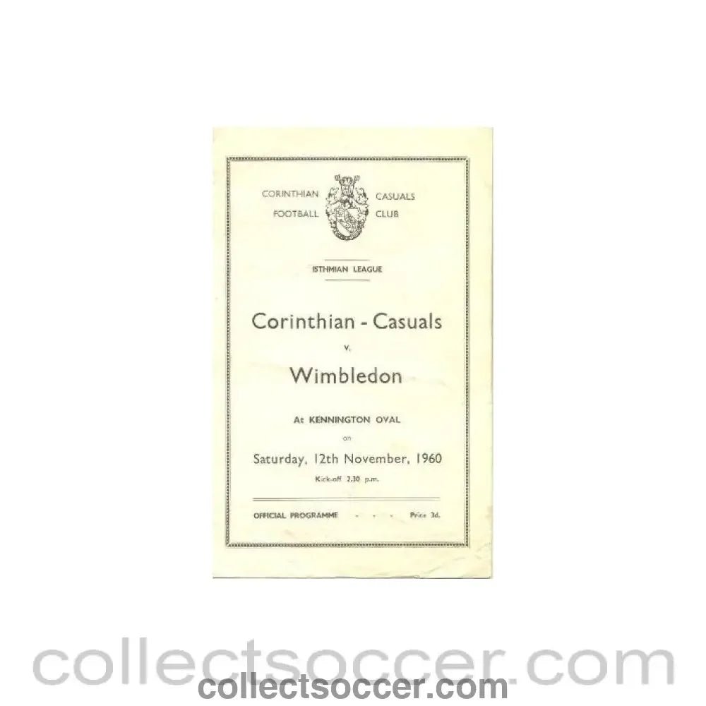 1960 - Corinthian - Casuals v Wimbledon Isthmian League official programme 12/11/1960 - Collect Soccer