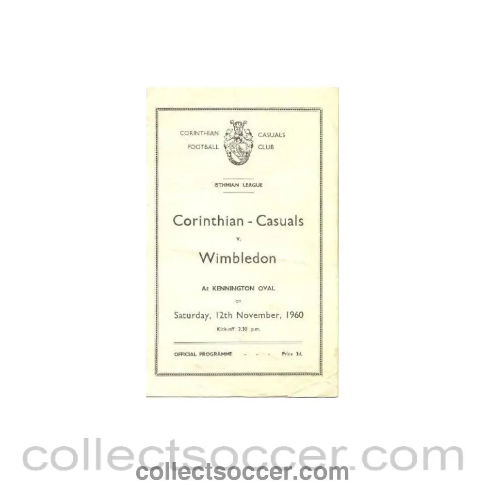 1960 - Corinthian Casuals v Wimbledon Isthmian League official programme 12/11/1960
