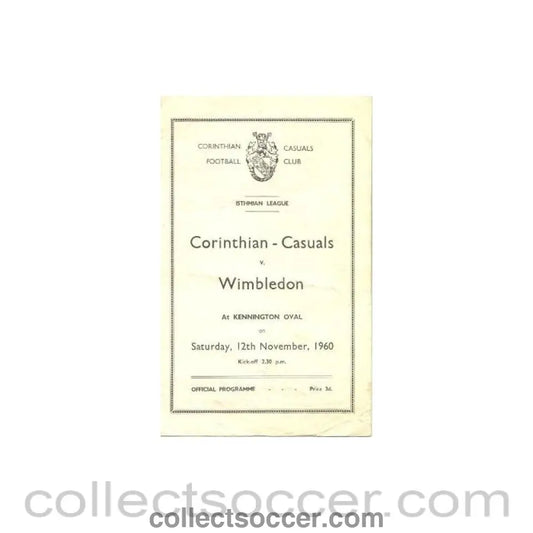 1960 - Corinthian Casuals v Wimbledon Isthmian League official programme 12/11/1960