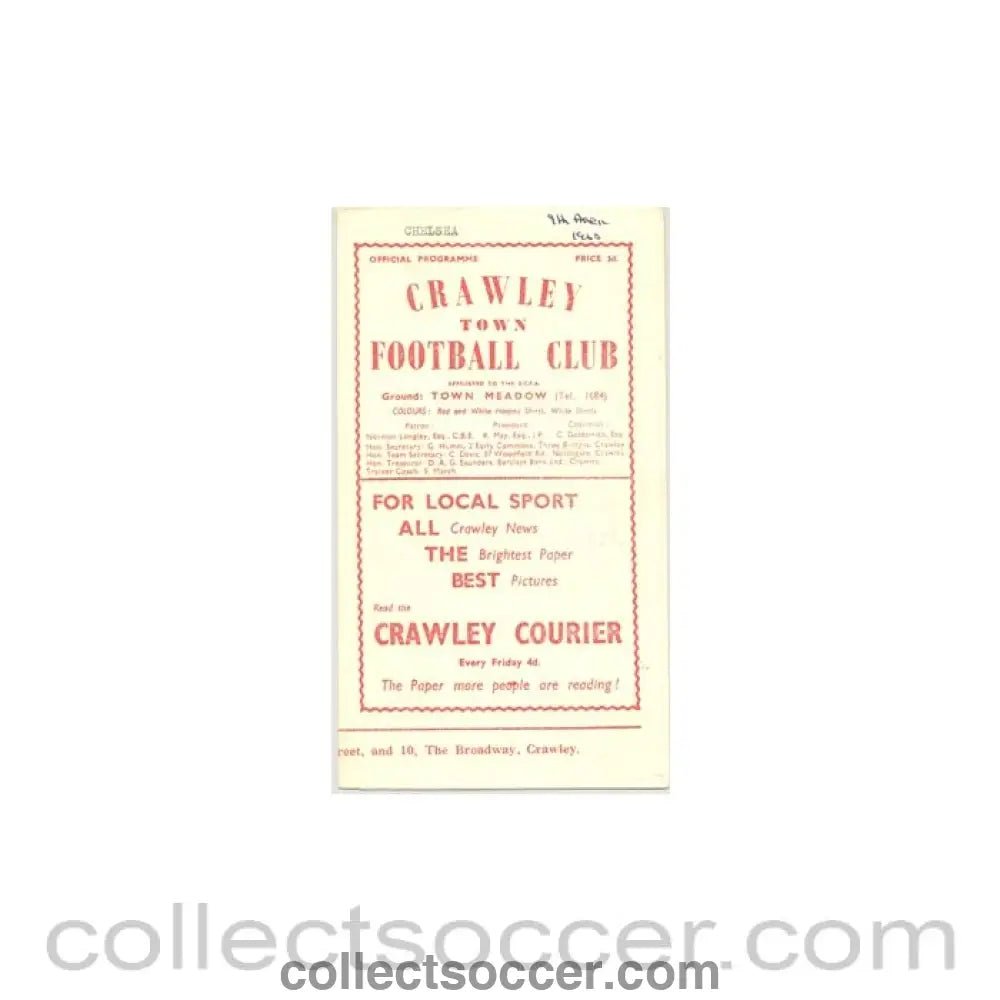1960 - Crawley Town vChelsea official programme 09/04/1960 - Collect Soccer