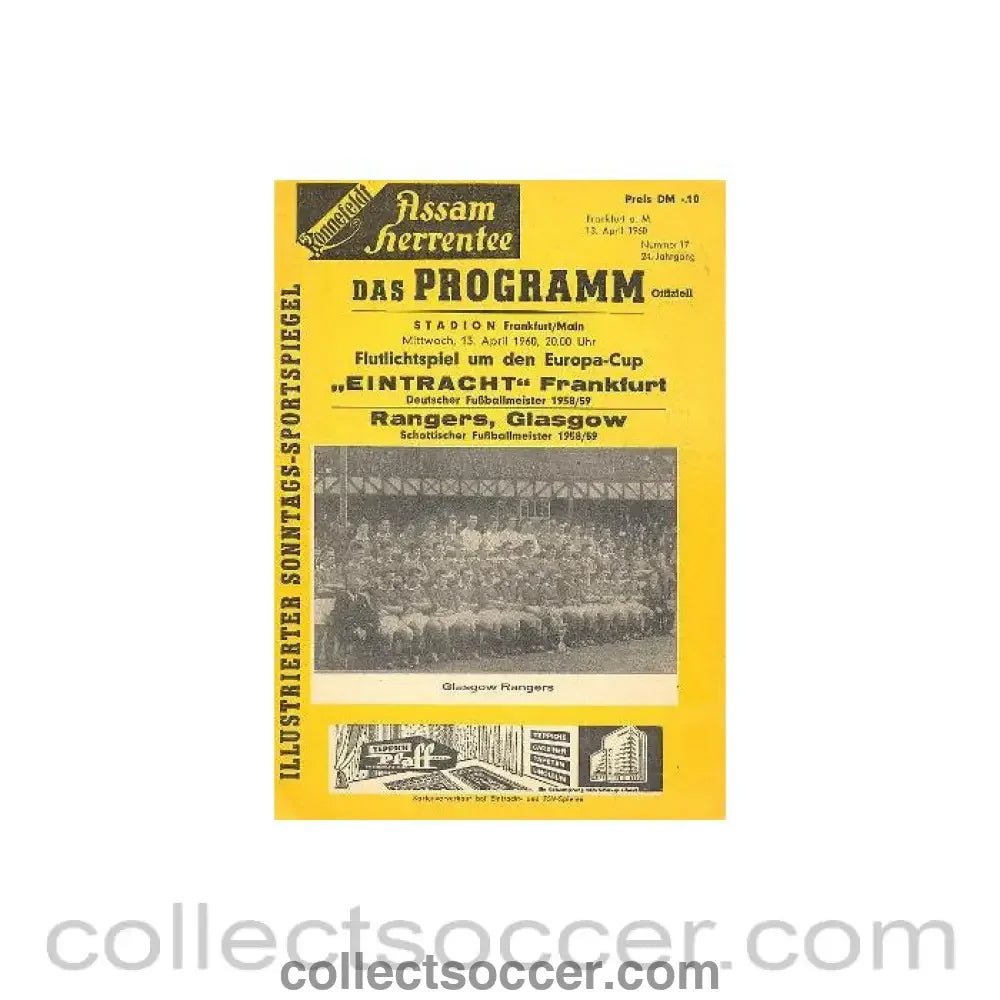 1960 - Eintracht Frankfurt, Western Germany v Glasgow Rangers official programme 13/04/1960 European Cup, Very Rare! - Collect Soccer