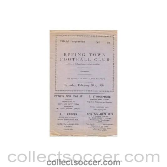1960 - Epping v Bletchley official programme 20/02/1960 - Collect Soccer