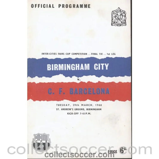 1960 Fairs Cup Final 1st Leg Birmingham City v Barcelona Programme - Collect Soccer
