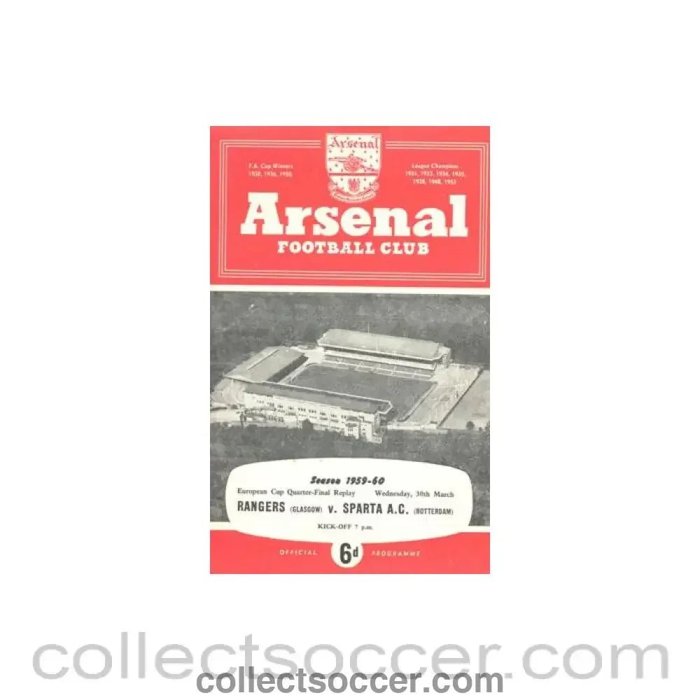 1960 - Glasgow Rangers v Sparta Rotterdam official programme 30/03/1960 European Cup Quarter - Final Replay - Collect Soccer