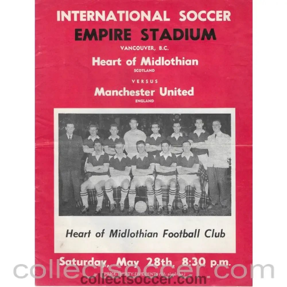 1960 - Hearts v Manchester United in Vancouver 28/5/1960 Official Programme - Collect Soccer