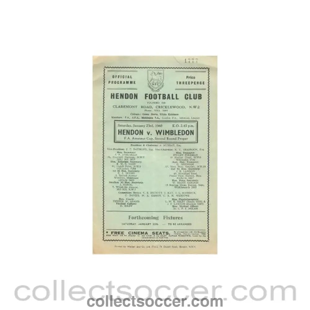 1960 - Hendon v Wimbledon official programme 23/01/1960 - Collect Soccer