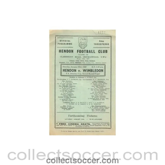 1960 - Hendon v Wimbledon official programme 23/01/1960 - Collect Soccer