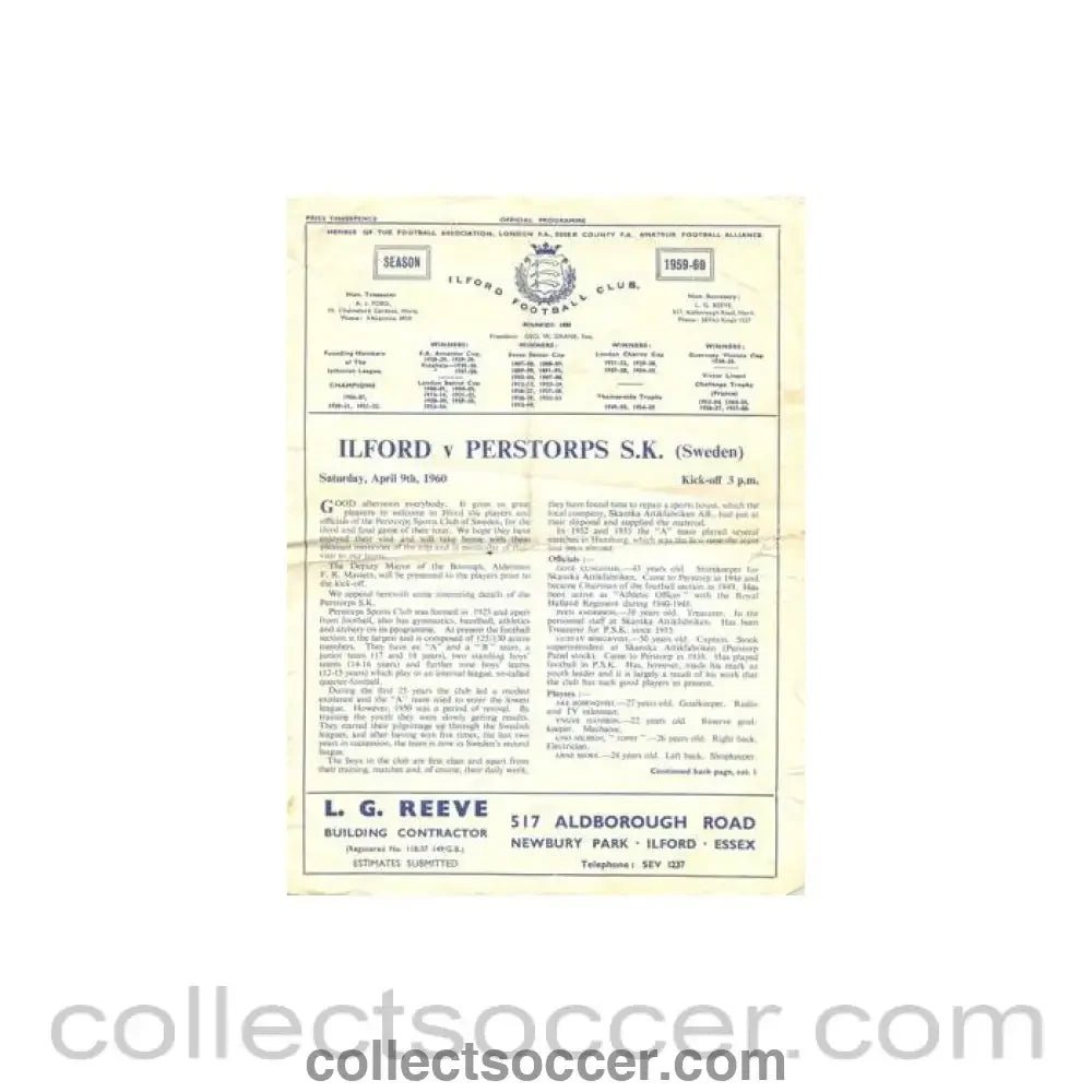 1960 - Ilford v Perstorps Sweden official programme 09/04/1960 - Collect Soccer