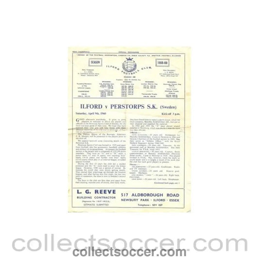 1960 - Ilford v Perstorps Sweden official programme 09/04/1960 - Collect Soccer