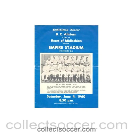 1960 - In Vancouver - B.C. All - Stars v Heart of Midlothian official programme 04/06/1960 - Collect Soccer