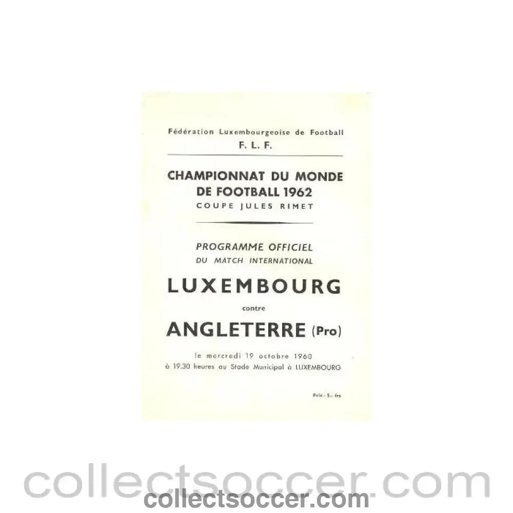 1960 Luxembourg v England official programme 19/10/1960 - Collect Soccer