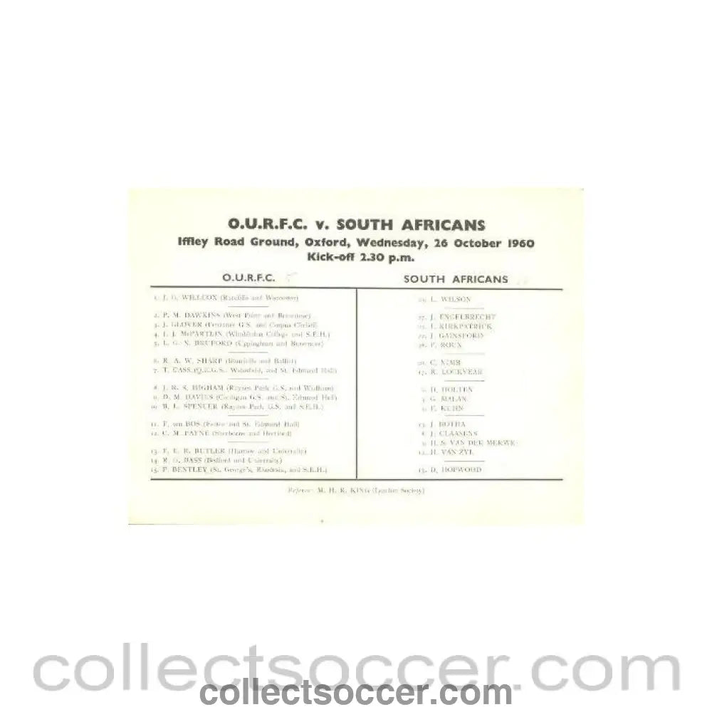 1960 - O.U.R.F.C. v South Africans official cricket programme 26/10/1960