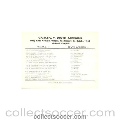 1960 - O.U.R.F.C. v South Africans official cricket programme 26/10/1960