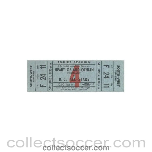1960 - Played at Empire Stadium, Vancouver, Canada - B.C. All - Stars of British Columbia Canada v Heart of Midlothian of Scotland in the 1960's ticket Very Rare! - Collect Soccer