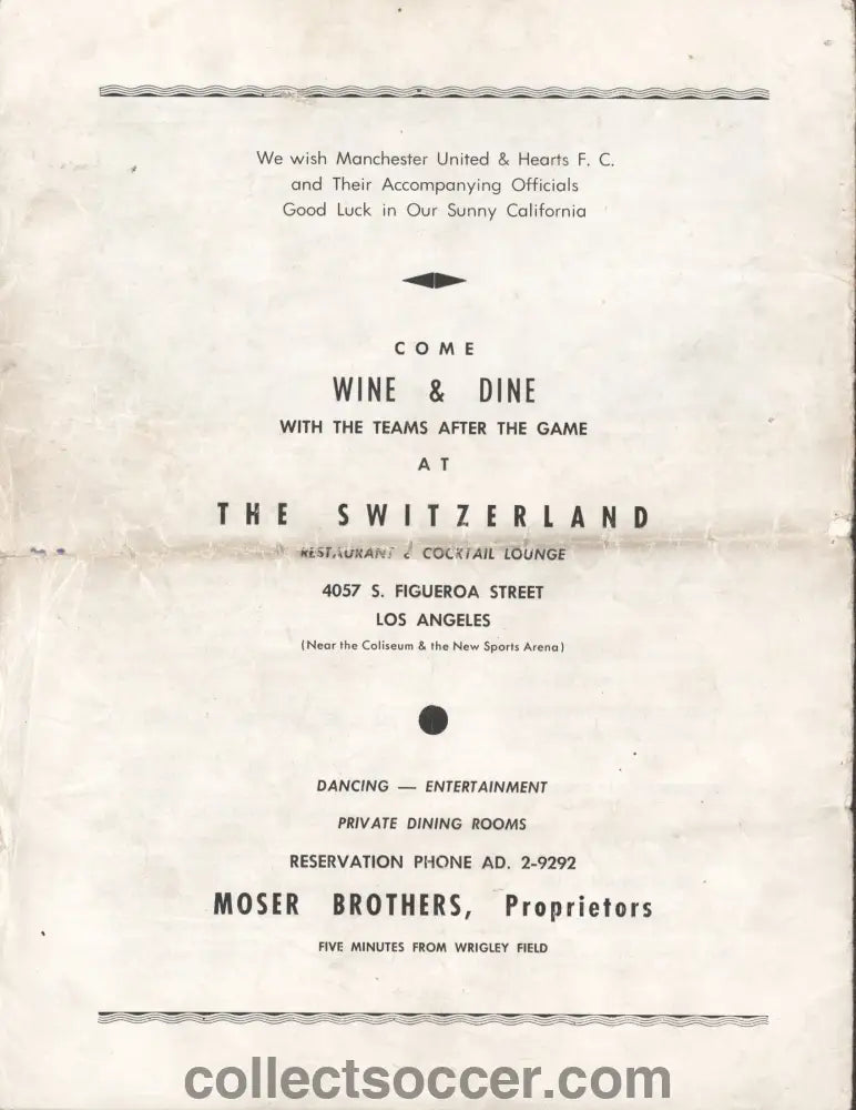 1960 Played at Wrigley Field California Heart of Midlothian v Manchester United Football Programme