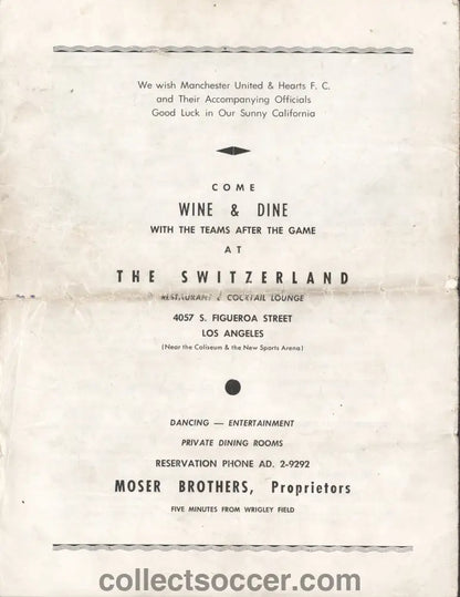 1960 Played at Wrigley Field California Heart of Midlothian v Manchester United Football Programme