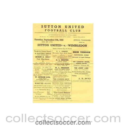1960 - Sutton United v Wimbledon official programme 06/09/1960 - Collect Soccer