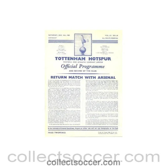 1960 - Tottenham Hotspur v Arsenal official programme 16/01/1960 - Collect Soccer
