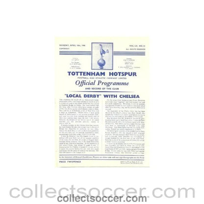 1960 - Tottenham Hotspur vChelsea official programme 18/04/1960 - Collect Soccer