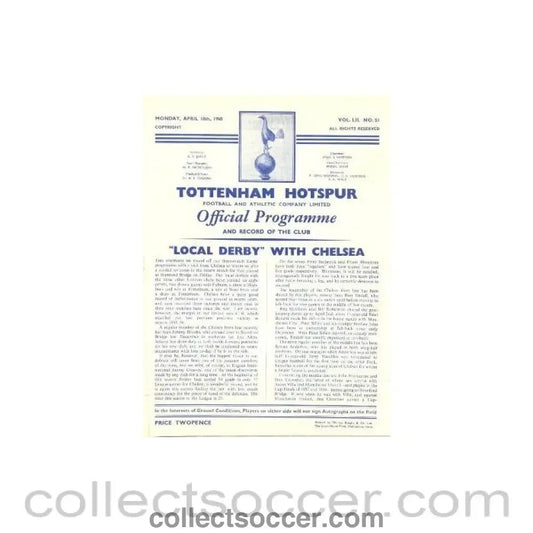 1960 - Tottenham Hotspur vChelsea official programme 18/04/1960 - Collect Soccer