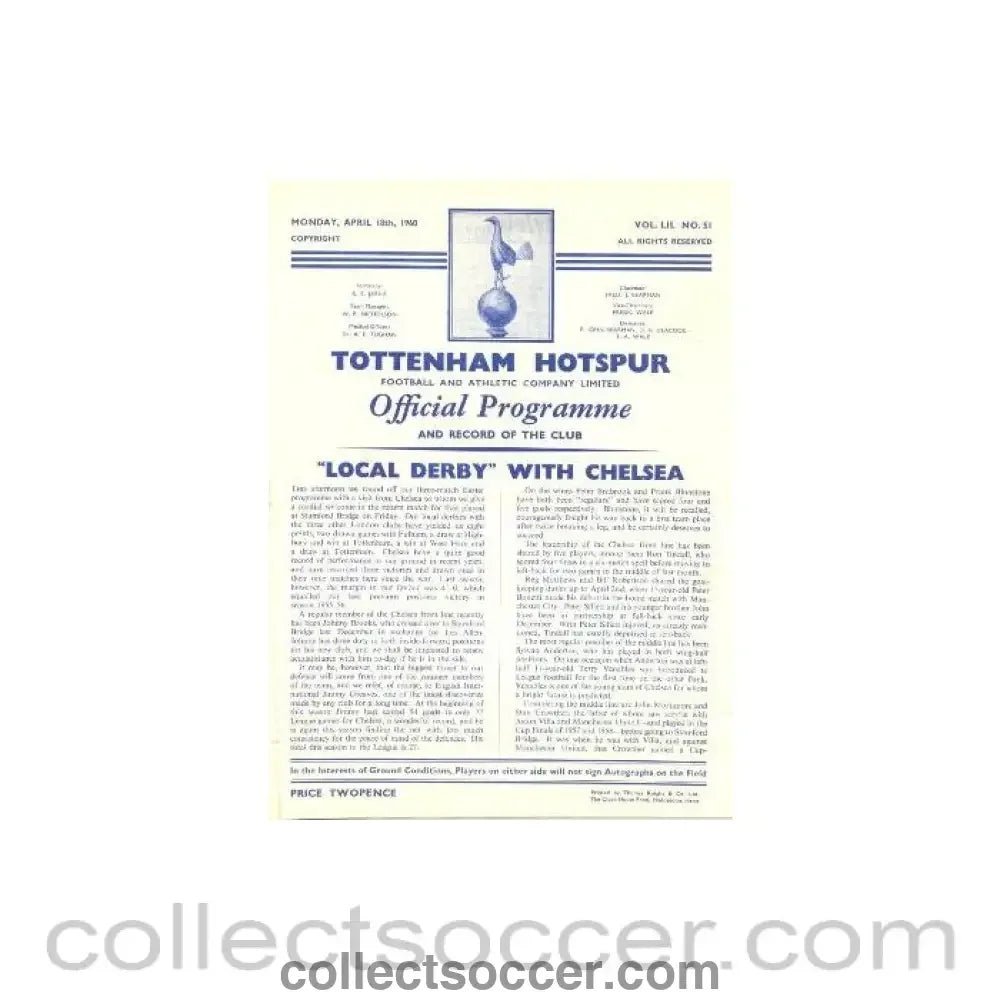 1960 - Tottenham Hotspur vChelsea official programme 18/04/1960 - Collect Soccer