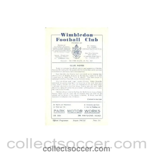 1960 - Wimbledon Reserves v Barking Reserves official programme 02/12/1960 - Collect Soccer