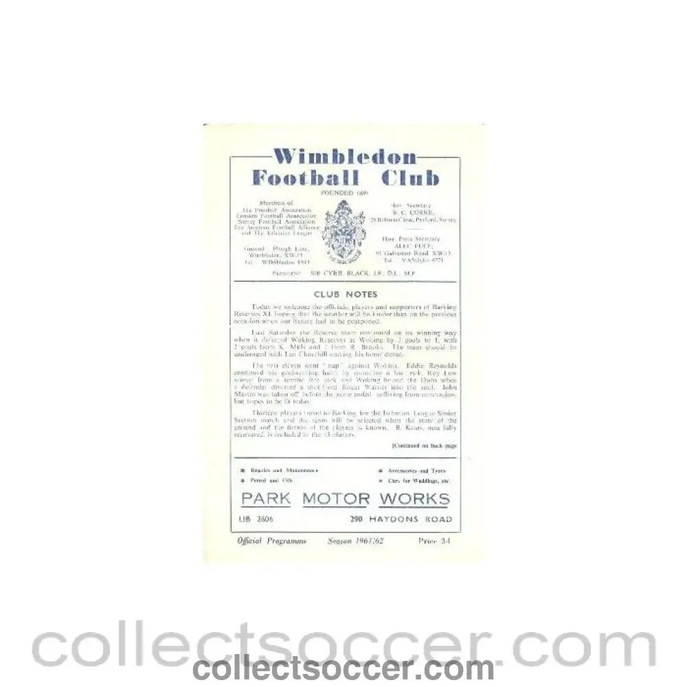 1960 - Wimbledon Reserves v Barking Reserves official programme 02/12/1960 - Collect Soccer