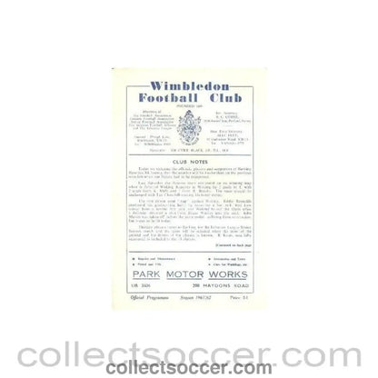 1960 - Wimbledon Reserves v Barking Reserves official programme 02/12/1960 - Collect Soccer