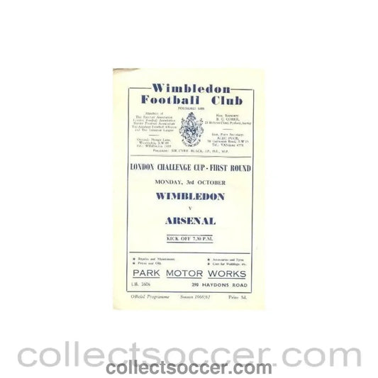 1960 - Wimbledon v Arsenal London Challenge Cup official programme 03/10/1960 - Collect Soccer