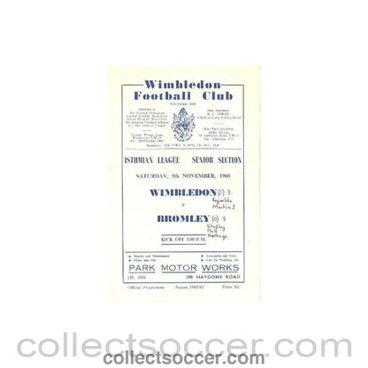 1960 - Wimbledon v Bromley official programme 05/11/1960 - Collect Soccer